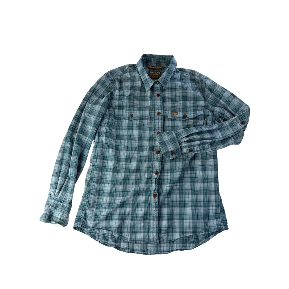 Ariat Rebar Button Down Shirt Womens Medium Plaid Long Sleeve Work Shirt Blue